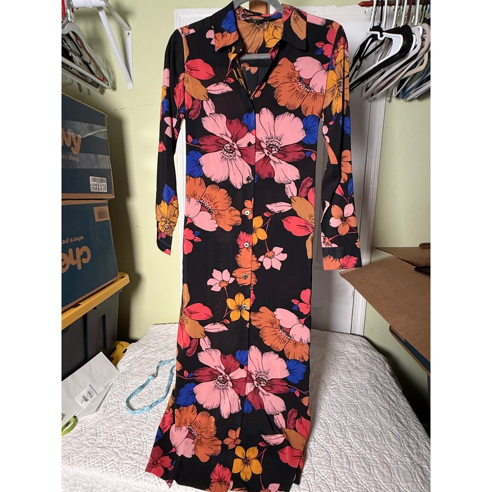 G by Giuliana Floral Maxi Shirt Dress Black Pink Orange Long Sleeve XSP 00792